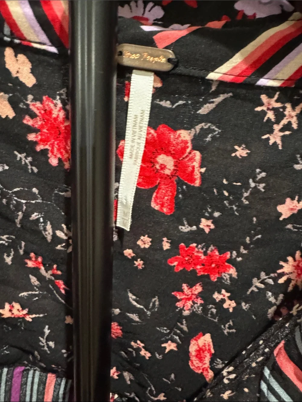 #841 FREE PEOPLE Hazel Black, Red Mixed Floral & Stripe Button-Down Blouse